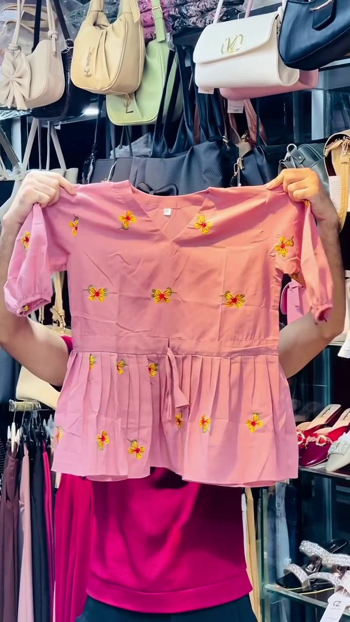Dusty Pink Peplum Blouse With Yellow Floral Embroidery And Drawstring Waist 🩷