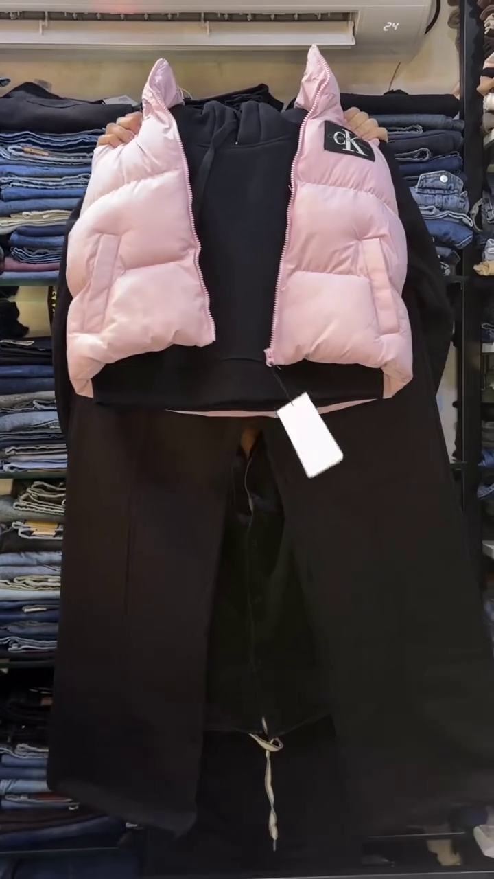 Classic Black Hoodie Paired With Pastel-Pink Puffer Vest And Black Trousers 🖤🩷🧥✨