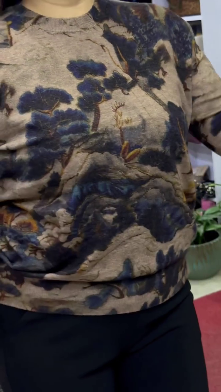 Earthy Landscape Watercolor-Printed Long-Sleeve Crew-Neck Sweatshirt 🤎🌲🎨✨