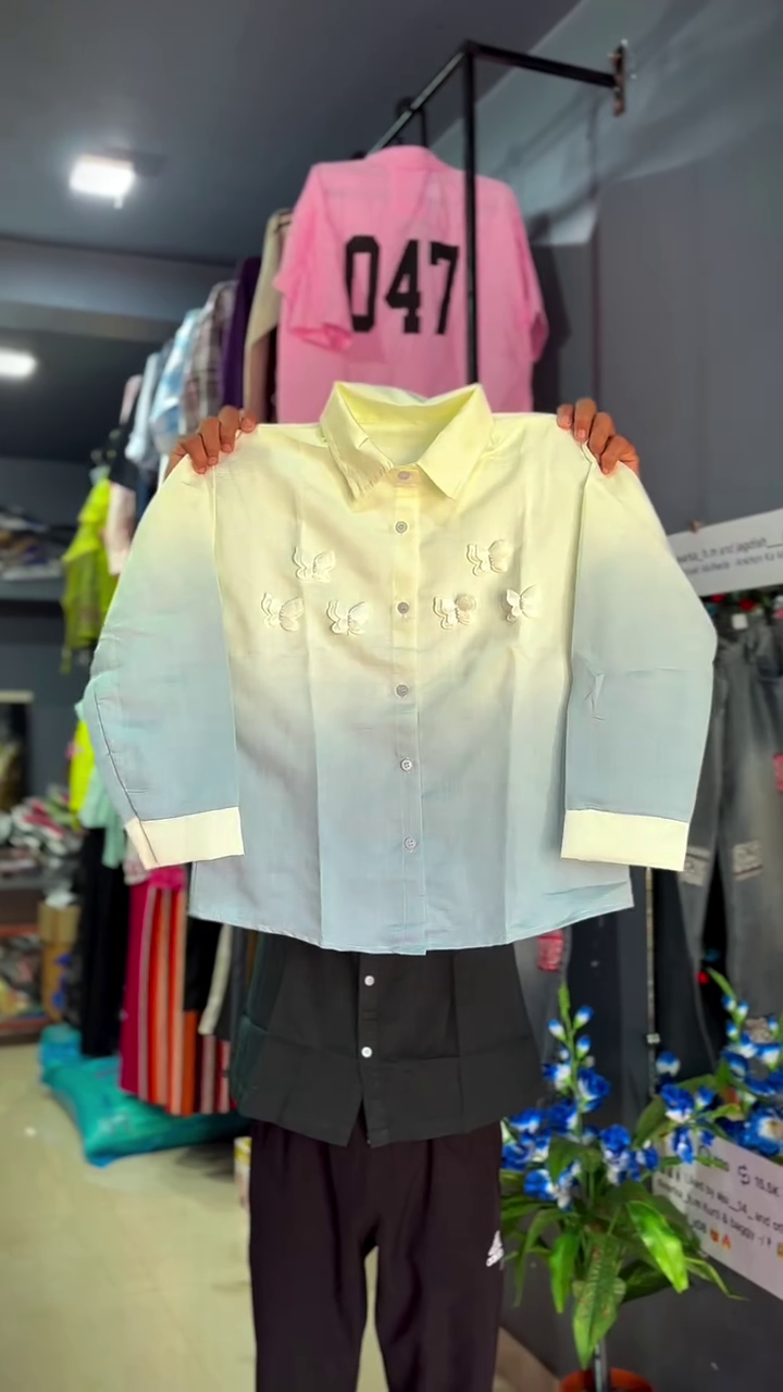 Pastel Yellow-To-Purple Ombre Long-Sleeve Shirt With 3D Butterfly Appliques 💛💜🦋