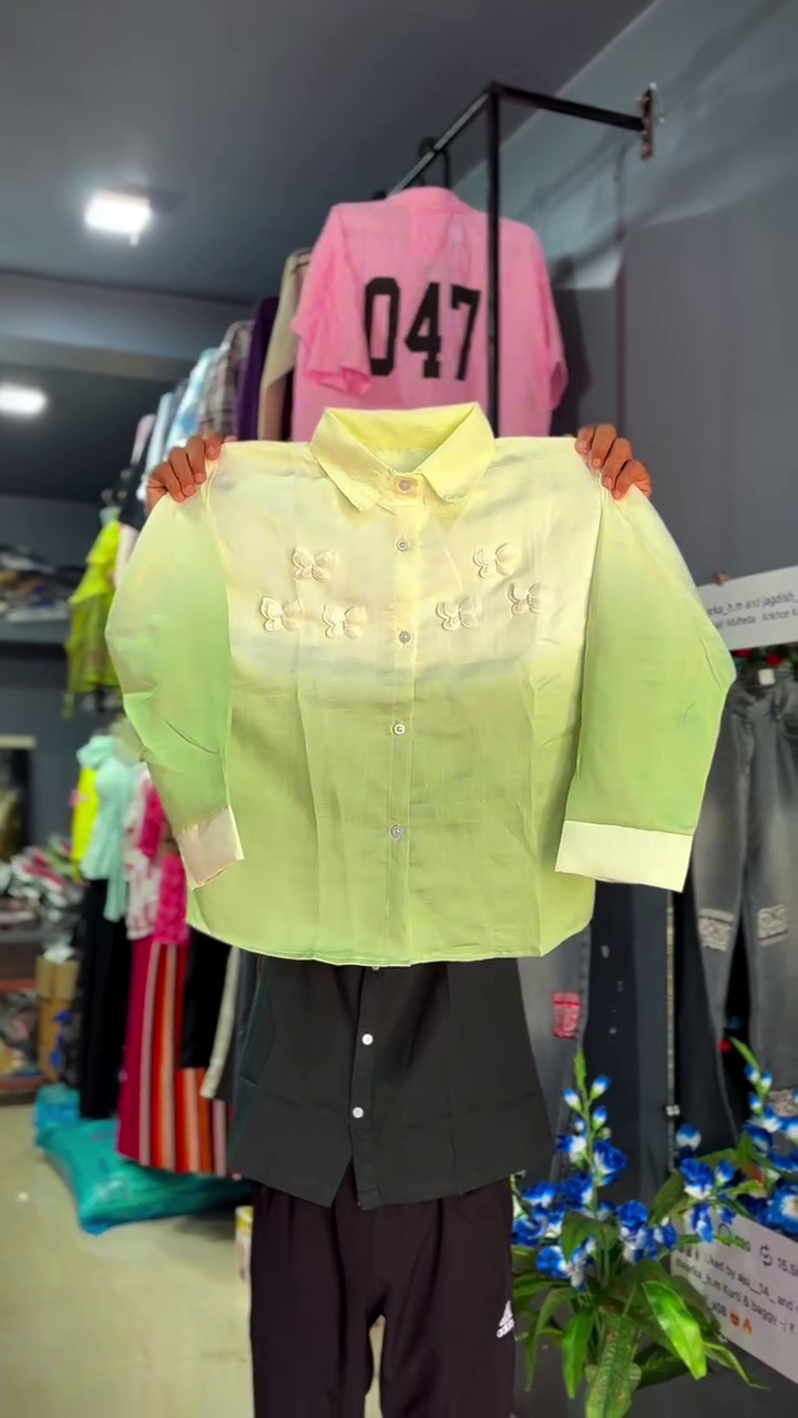 Pastel Yellow-To-Purple Ombre Long-Sleeve Shirt With 3D Butterfly Appliques 💛💜🦋