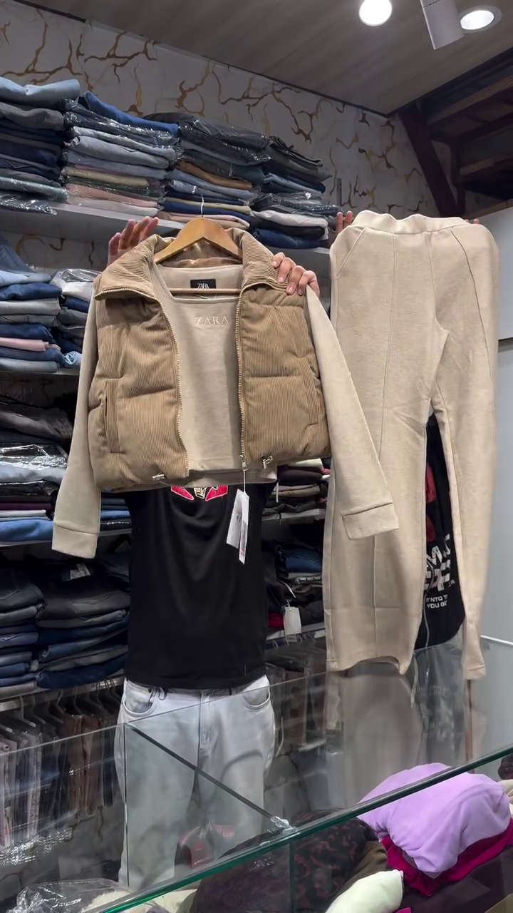 Camel-Brown Corduroy Puffer Vest With Matching Crew-Neck Sweatshirt And Sweatpants 🤎🧥✨