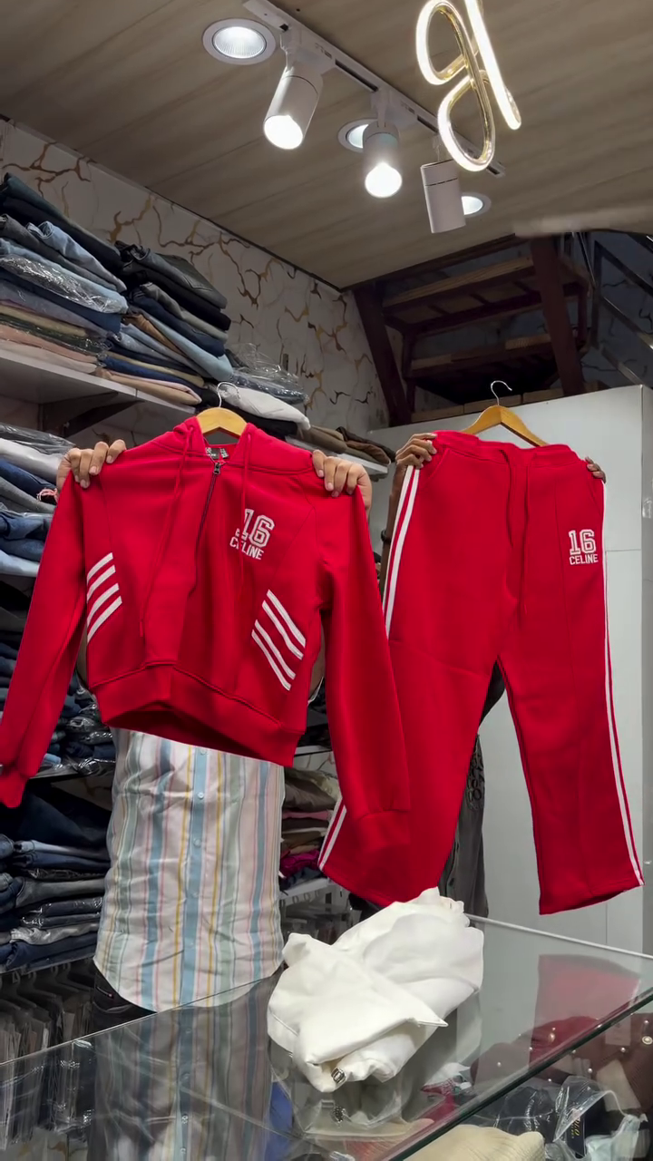 Vibrant Red Full-Zip Hoodie With White Puffer Vest And Matching Red Track Pants ❤️🤍🧥✨
