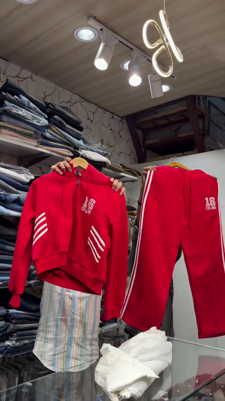 Vibrant Red Full-Zip Hoodie With White Puffer Vest And Matching Red Track Pants ❤️🤍🧥✨