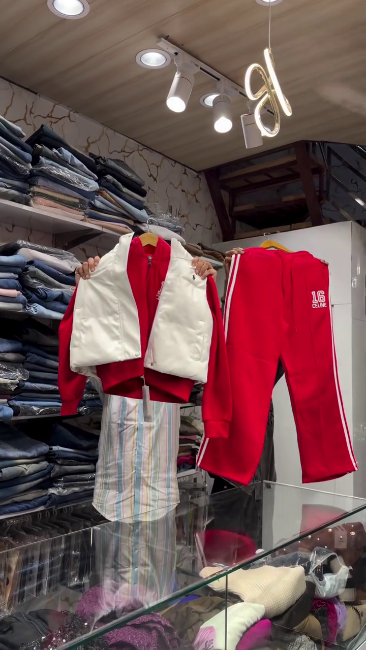Vibrant Red Full-Zip Hoodie With White Puffer Vest And Matching Red Track Pants ❤️🤍🧥✨