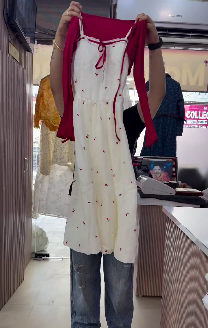 🍒 Sweet White Cherry-Print Dress with Layered Red Bolero Cardigan Set✨