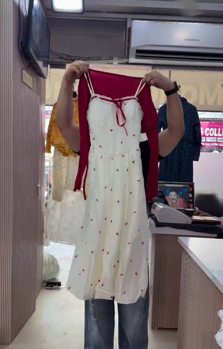 🍒 Sweet White Cherry-Print Dress with Layered Red Bolero Cardigan Set✨