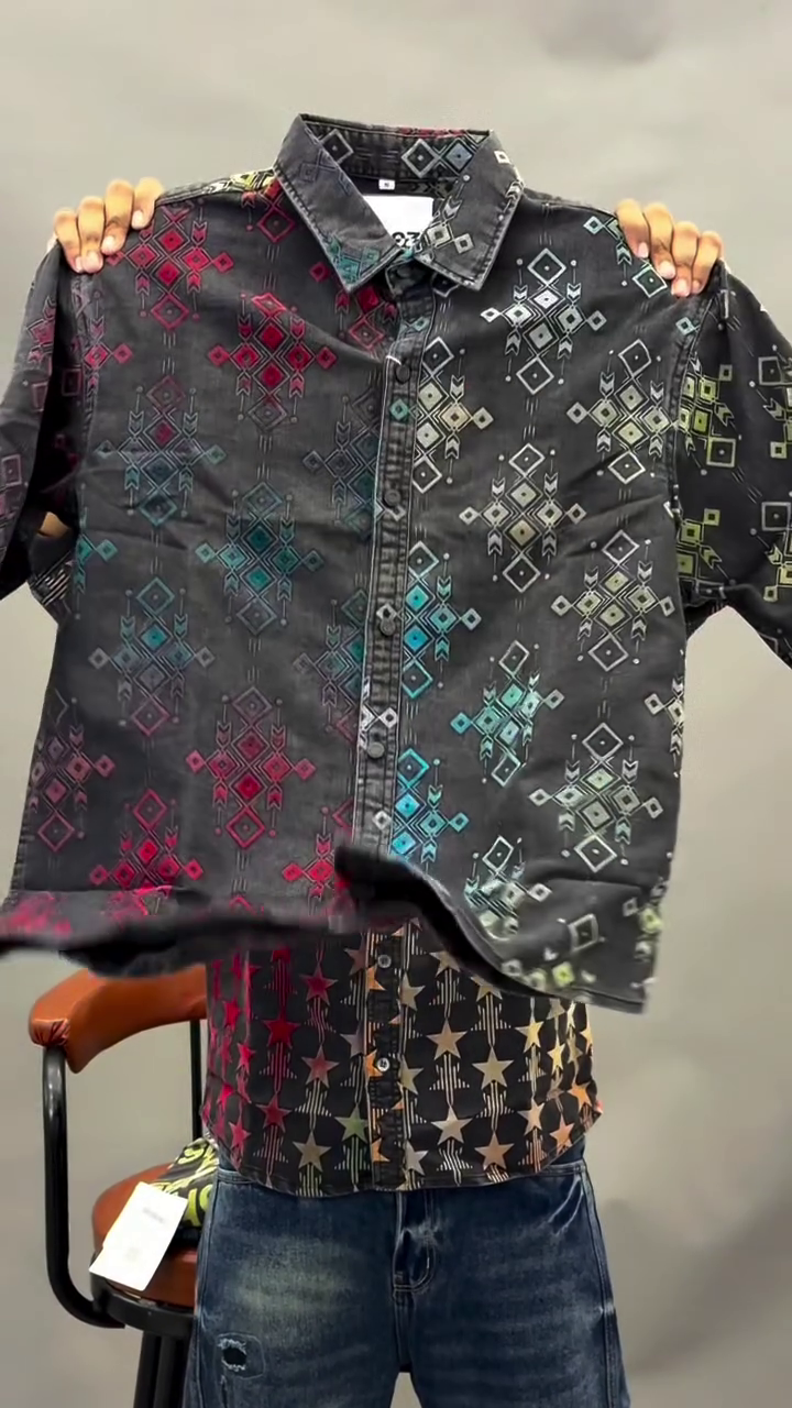 ⭐ Bold Multi-Color Star-Patterned Dark Denim Long-Sleeve Shirt✨