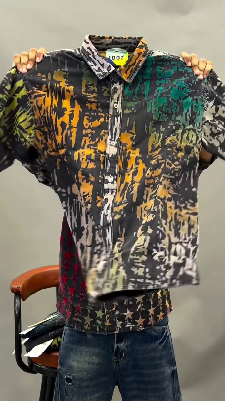 ⭐ Bold Multi-Color Star-Patterned Dark Denim Long-Sleeve Shirt✨