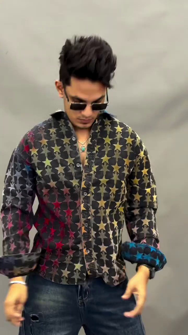 ⭐ Bold Multi-Color Star-Patterned Dark Denim Long-Sleeve Shirt✨