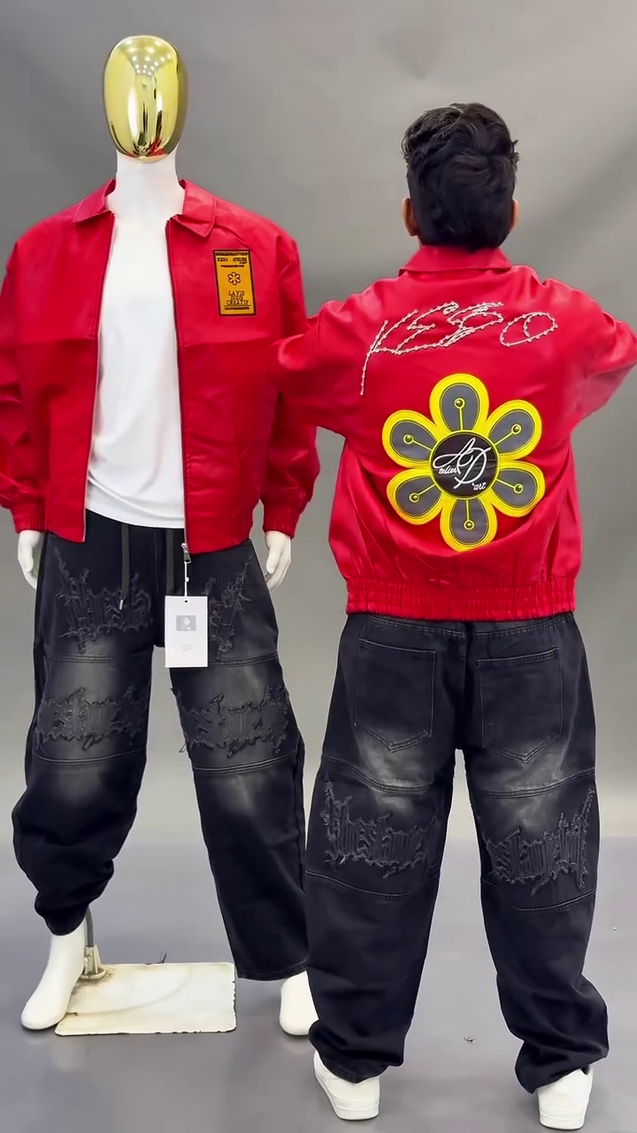 🛑 Bold Red Zip-Up Bomber Jacket with Patch Accents and Distressed Cargo Denim✨