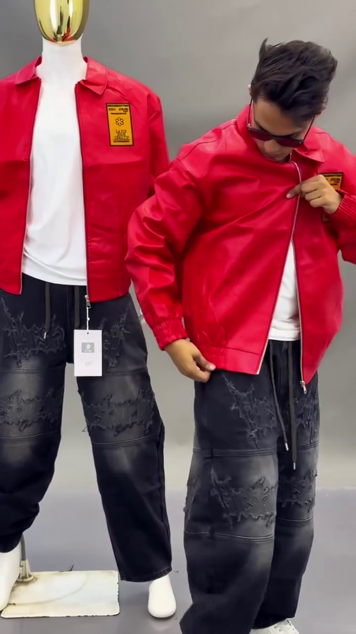 🛑 Bold Red Zip-Up Bomber Jacket with Patch Accents and Distressed Cargo Denim✨