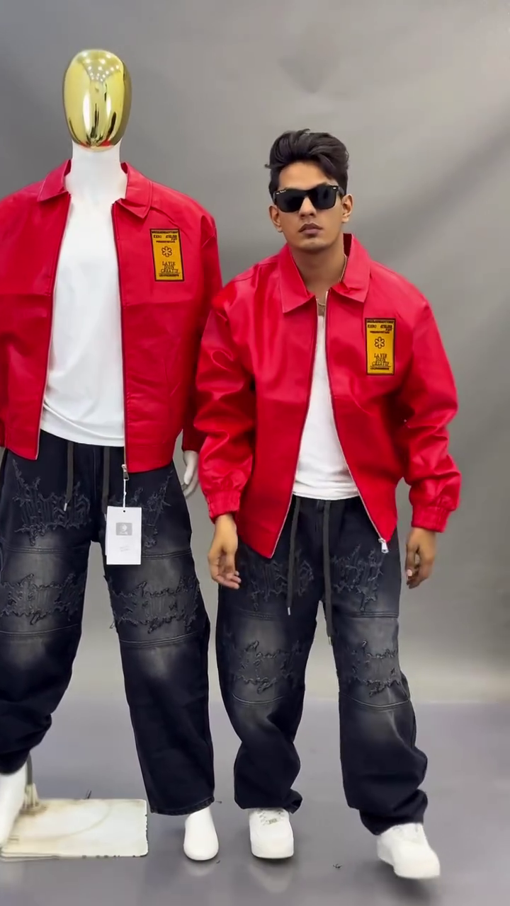 🛑 Bold Red Zip-Up Bomber Jacket with Patch Accents and Distressed Cargo Denim✨