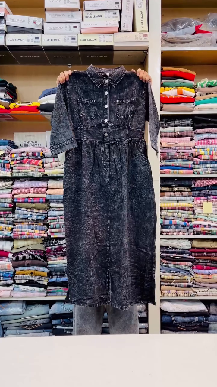 🖤 Classic Acid-Wash Black Denim Midi Shirt Dress with Front Button Placket✨